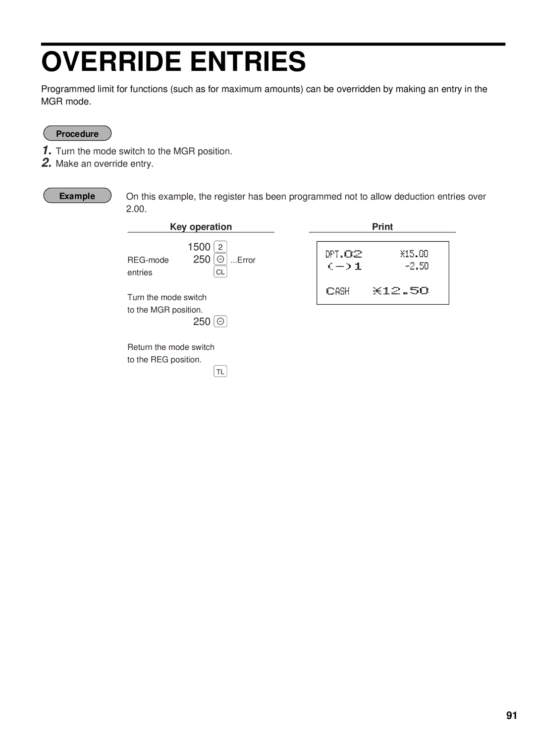 Sharp ER-A440 instruction manual Override Entries, 250, 1500 