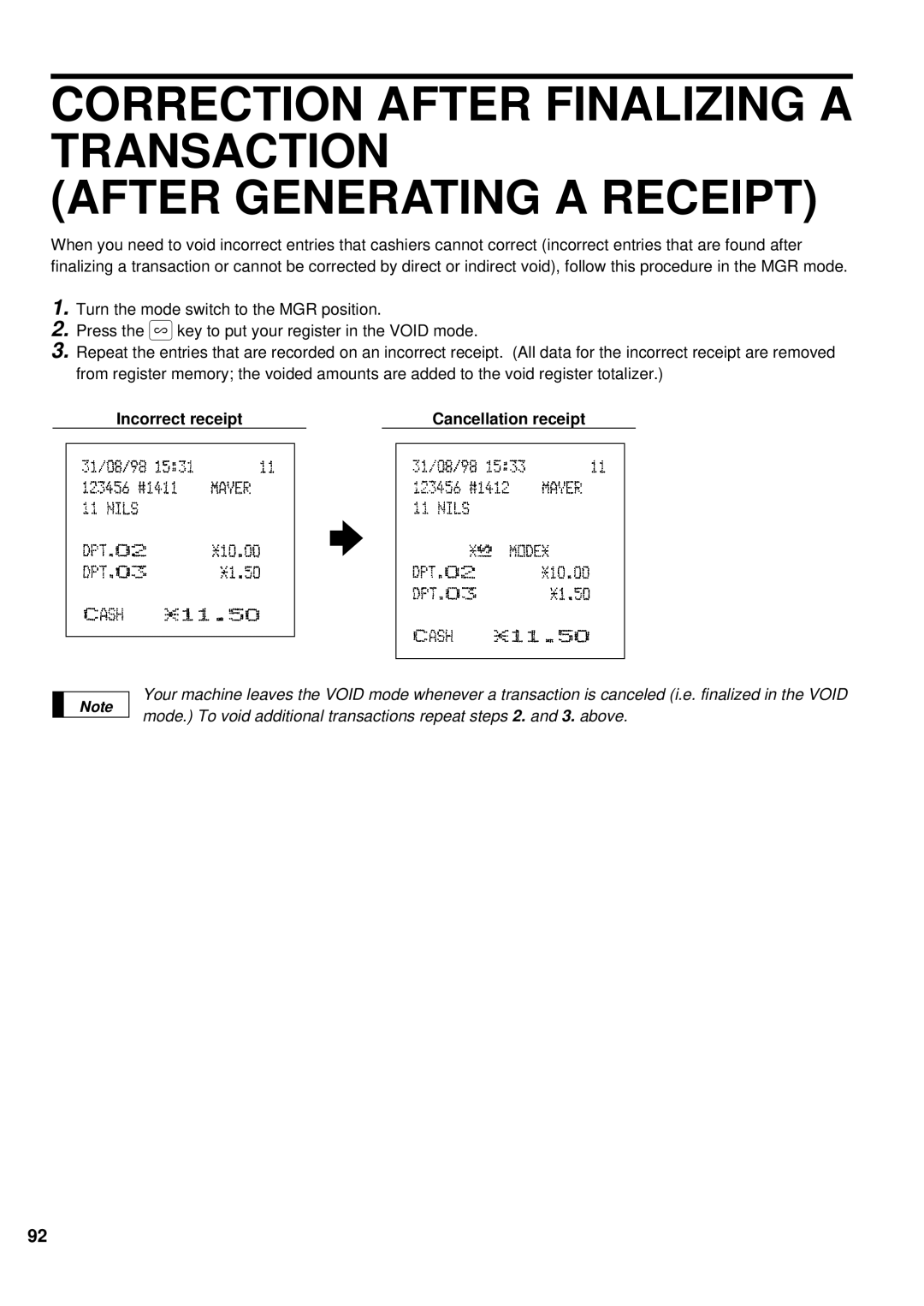 Sharp ER-A440 instruction manual Incorrect receipt Cancellation receipt 