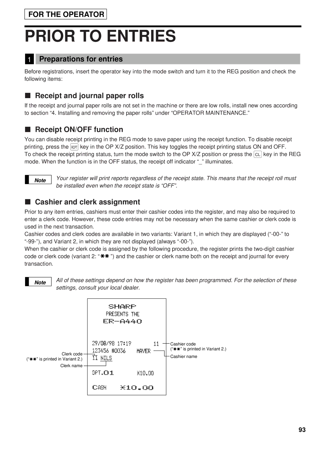 Sharp ER-A440 Prior to Entries, Preparations for entries, Receipt and journal paper rolls, Receipt ON/OFF function 