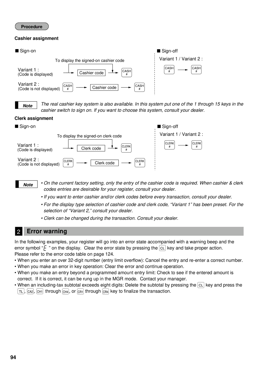 Sharp ER-A440 instruction manual Error warning, Cashier assignment, Clerk assignment 