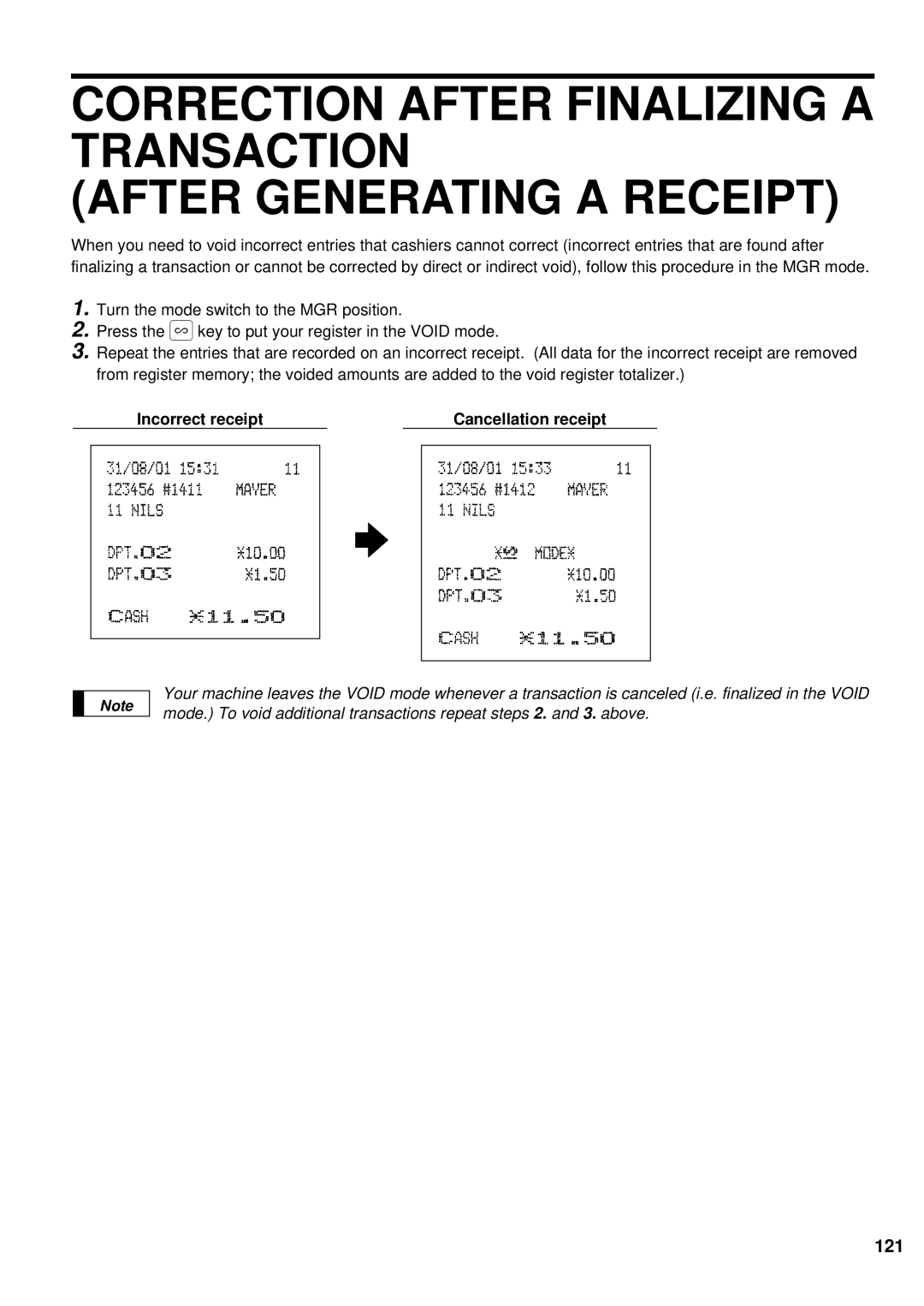 Sharp ER-A440S instruction manual Incorrect receipt Cancellation receipt 