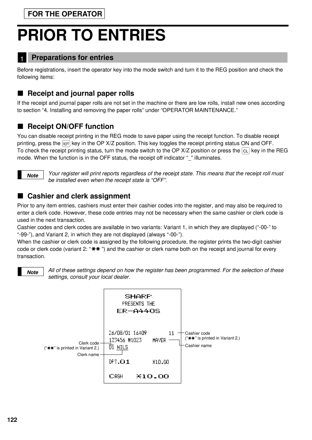 Sharp ER-A440S Prior to Entries, Preparations for entries, Receipt and journal paper rolls, Receipt ON/OFF function 