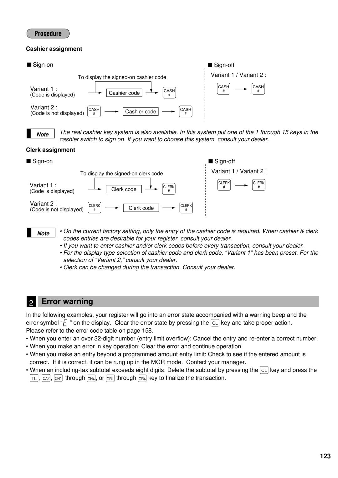 Sharp ER-A440S instruction manual Error warning, Cashier assignment, Clerk assignment 