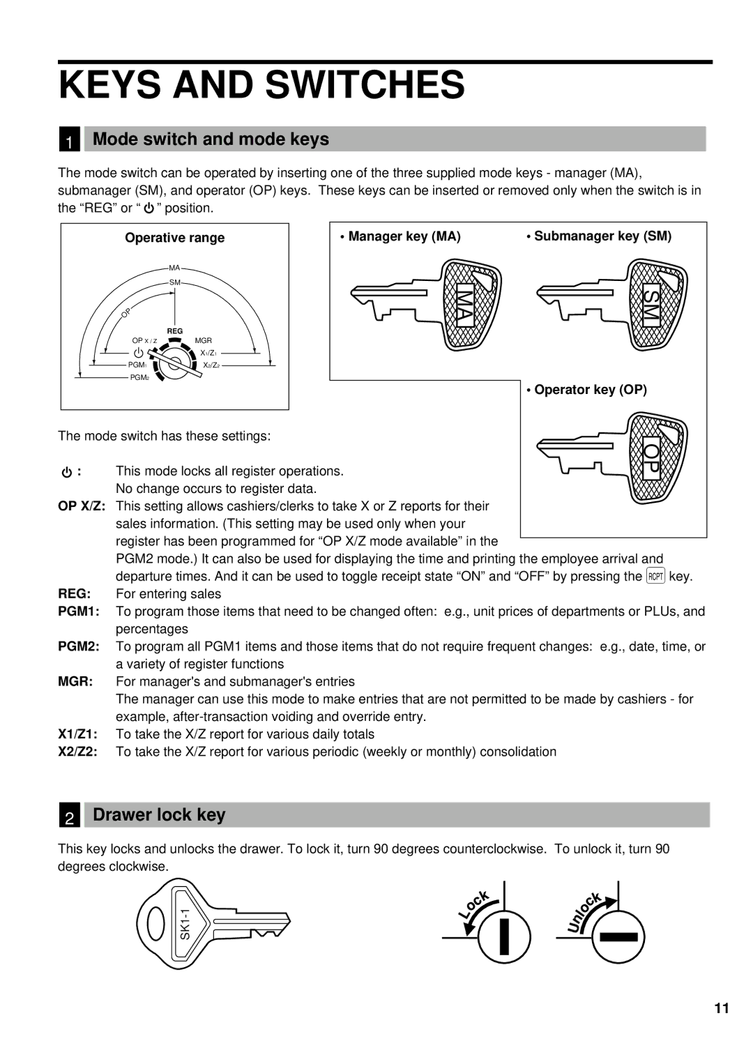 Sharp ER-A440S instruction manual Keys and Switches, Mode switch and mode keys, Drawer lock key, Operator key OP 