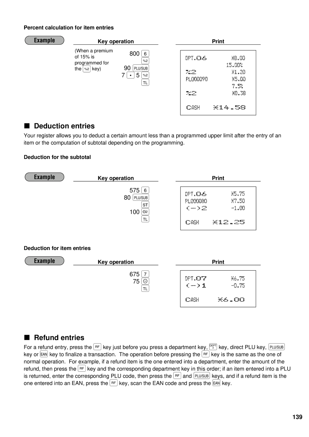 Sharp ER-A440S instruction manual 575, 100, 675, Deduction entries, Refund entries 