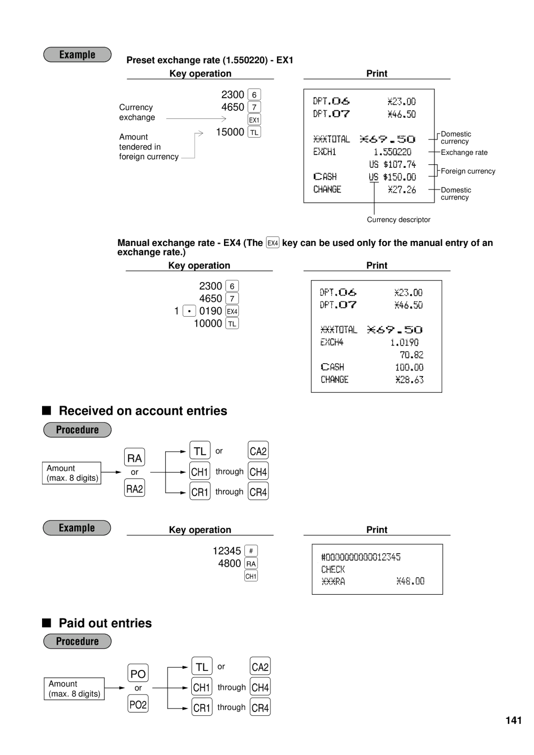 Sharp ER-A440S Received on account entries, Paid out entries, Preset exchange rate 1.550220 EX1 Key operation, Example 