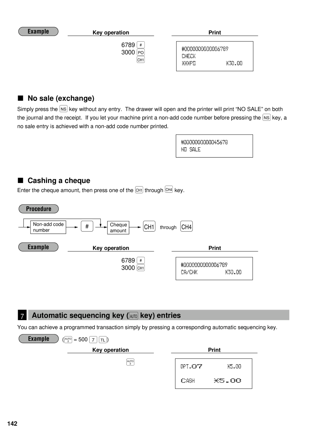 Sharp ER-A440S instruction manual No sale exchange, Cashing a cheque, Automatic sequencing key ` key entries 