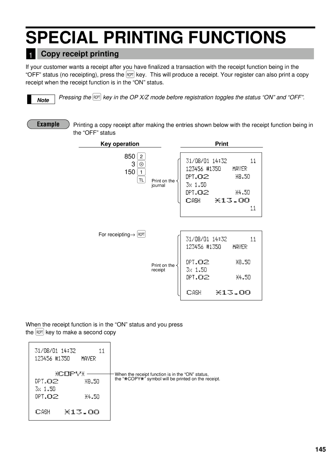 Sharp ER-A440S instruction manual Special Printing Functions, 850 150, Copy receipt printing 