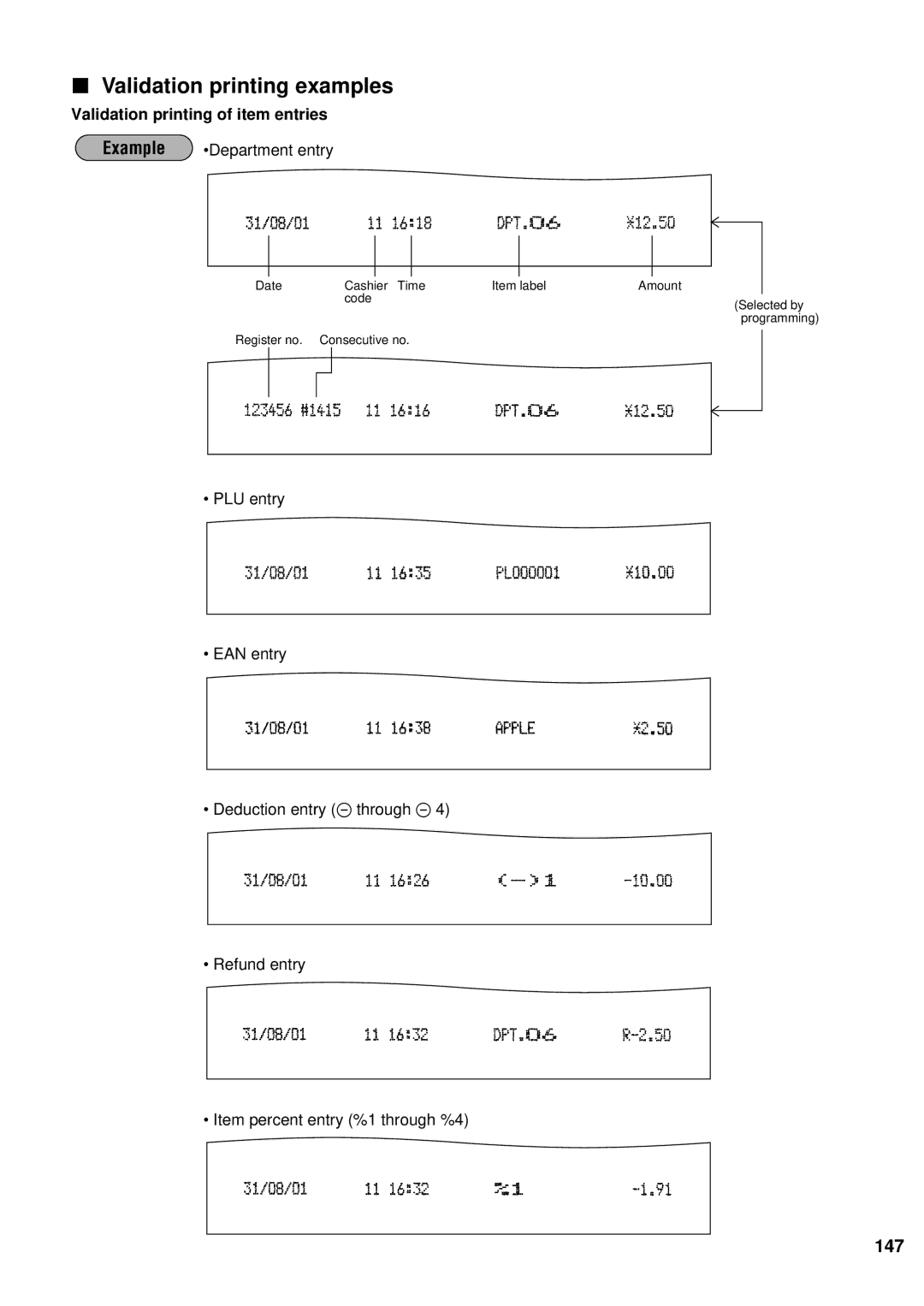 Sharp ER-A440S instruction manual Validation printing examples, Validation printing of item entries 