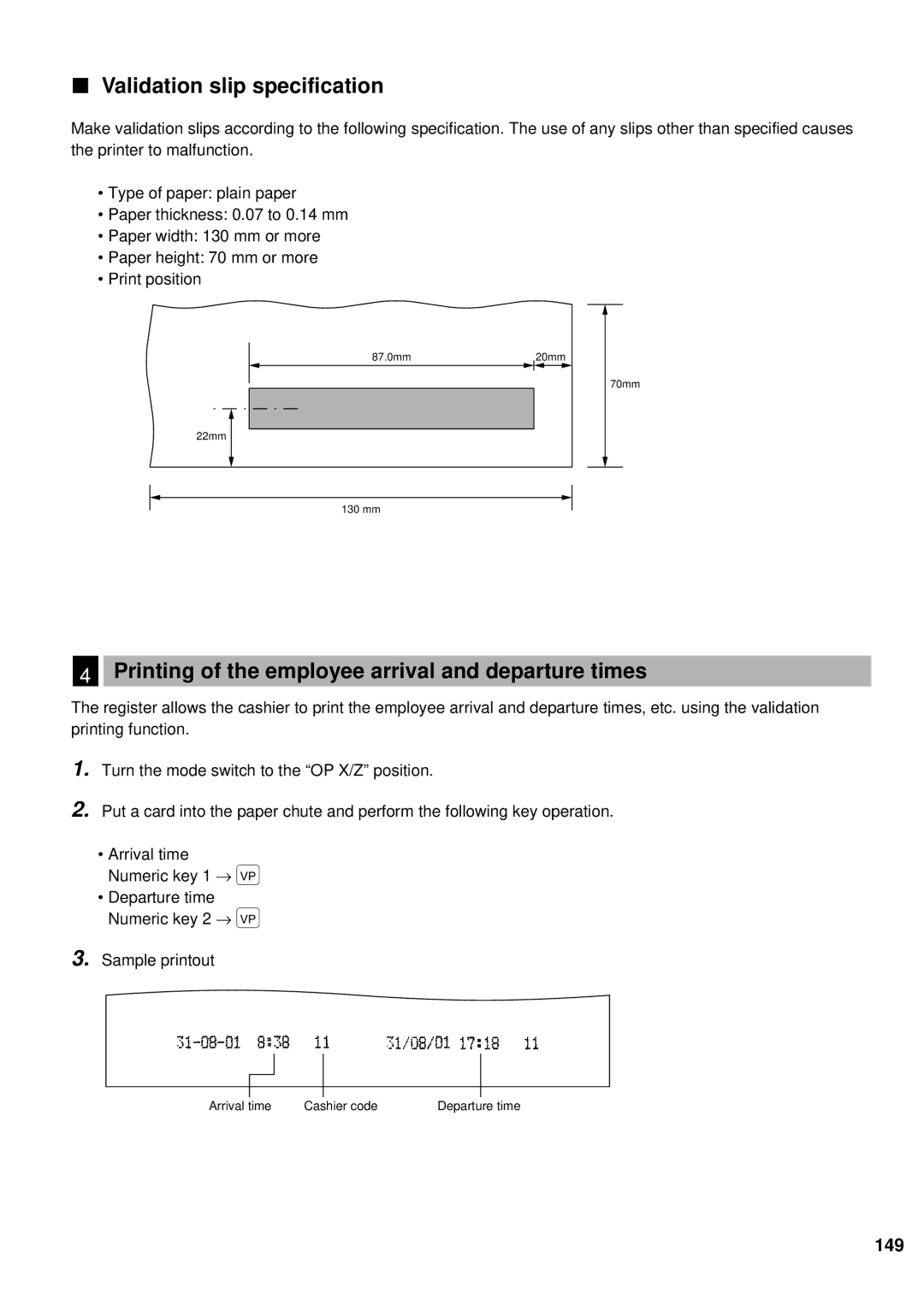 Sharp ER-A440S instruction manual Validation slip specification, Printing of the employee arrival and departure times 