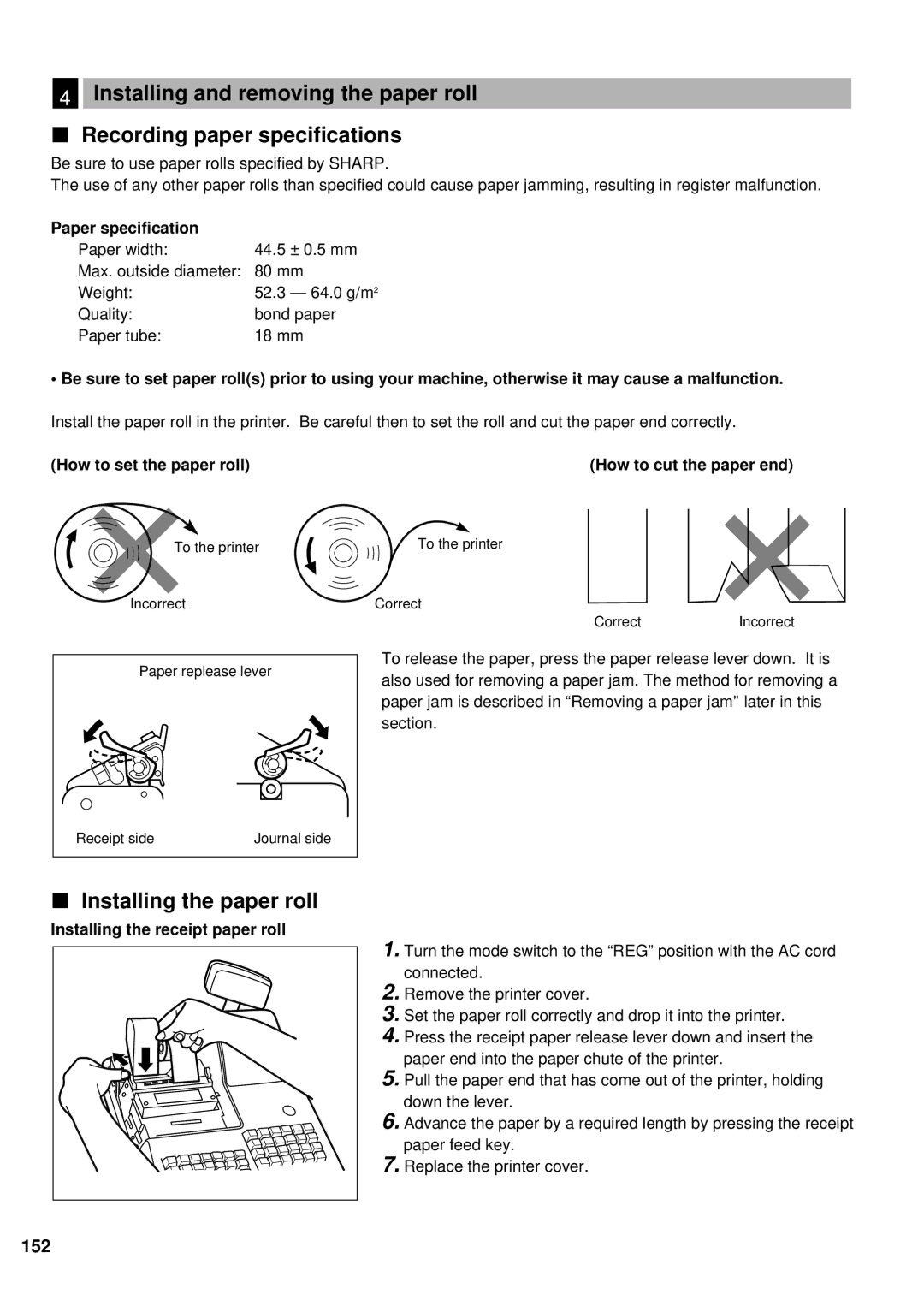 Sharp ER-A440S Installing the paper roll, Paper specification, How to set the paper roll How to cut the paper end 