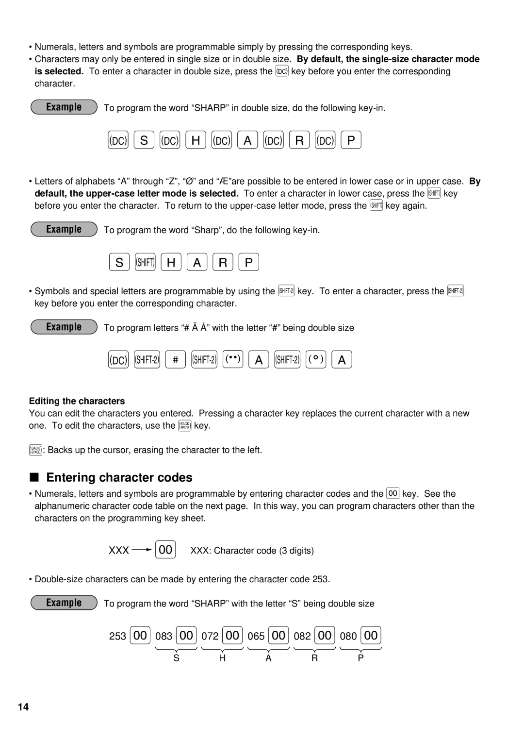 Sharp ER-A440S instruction manual Entering character codes, Editing the characters 