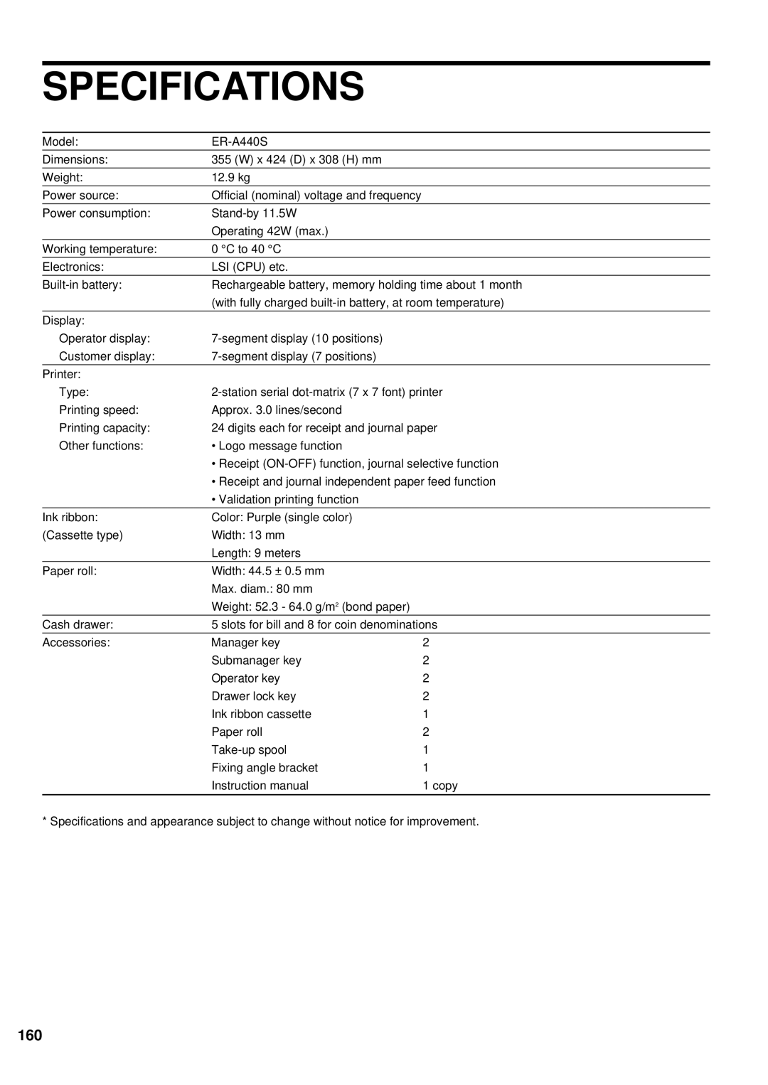 Sharp ER-A440S instruction manual Specifications 