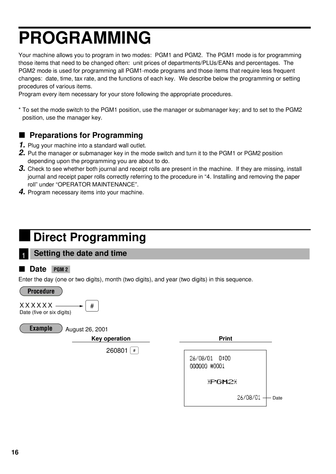 Sharp ER-A440S instruction manual Preparations for Programming, Setting the date and time Date PGM, Key operation Print 