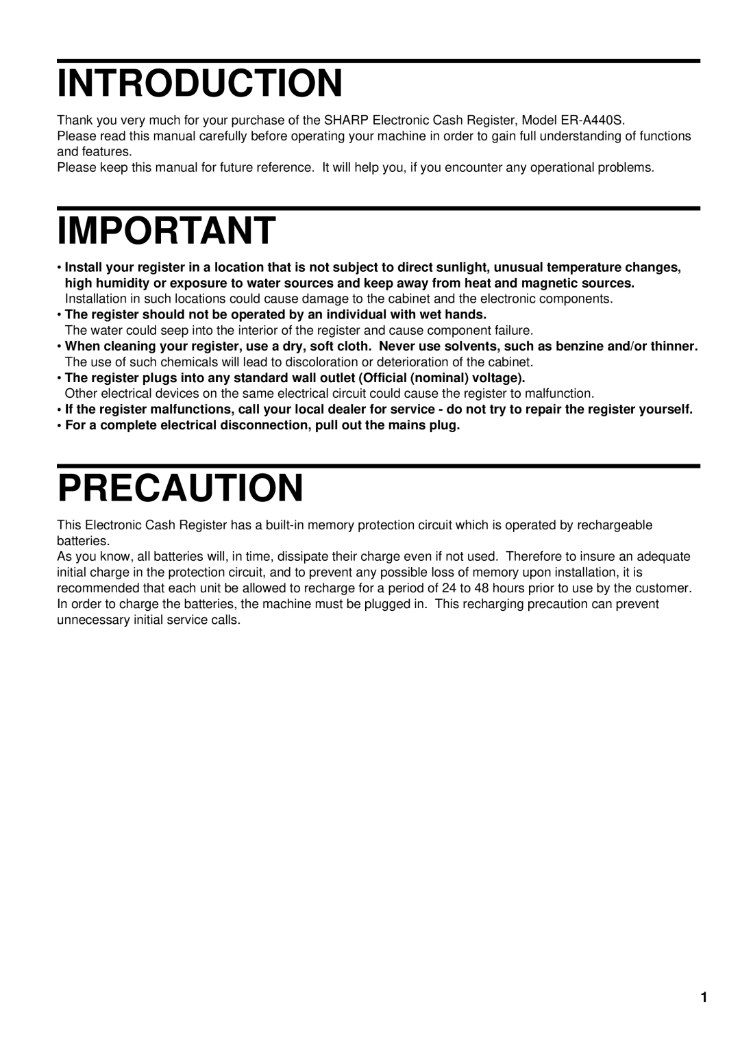 Sharp ER-A440S instruction manual Introduction, Precaution 