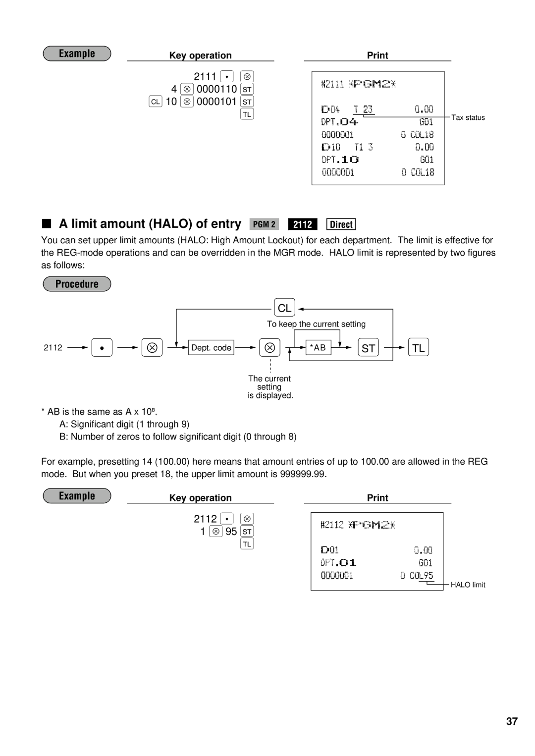 Sharp ER-A440S instruction manual Limit amount Halo of entry PGM 2, Key operation 