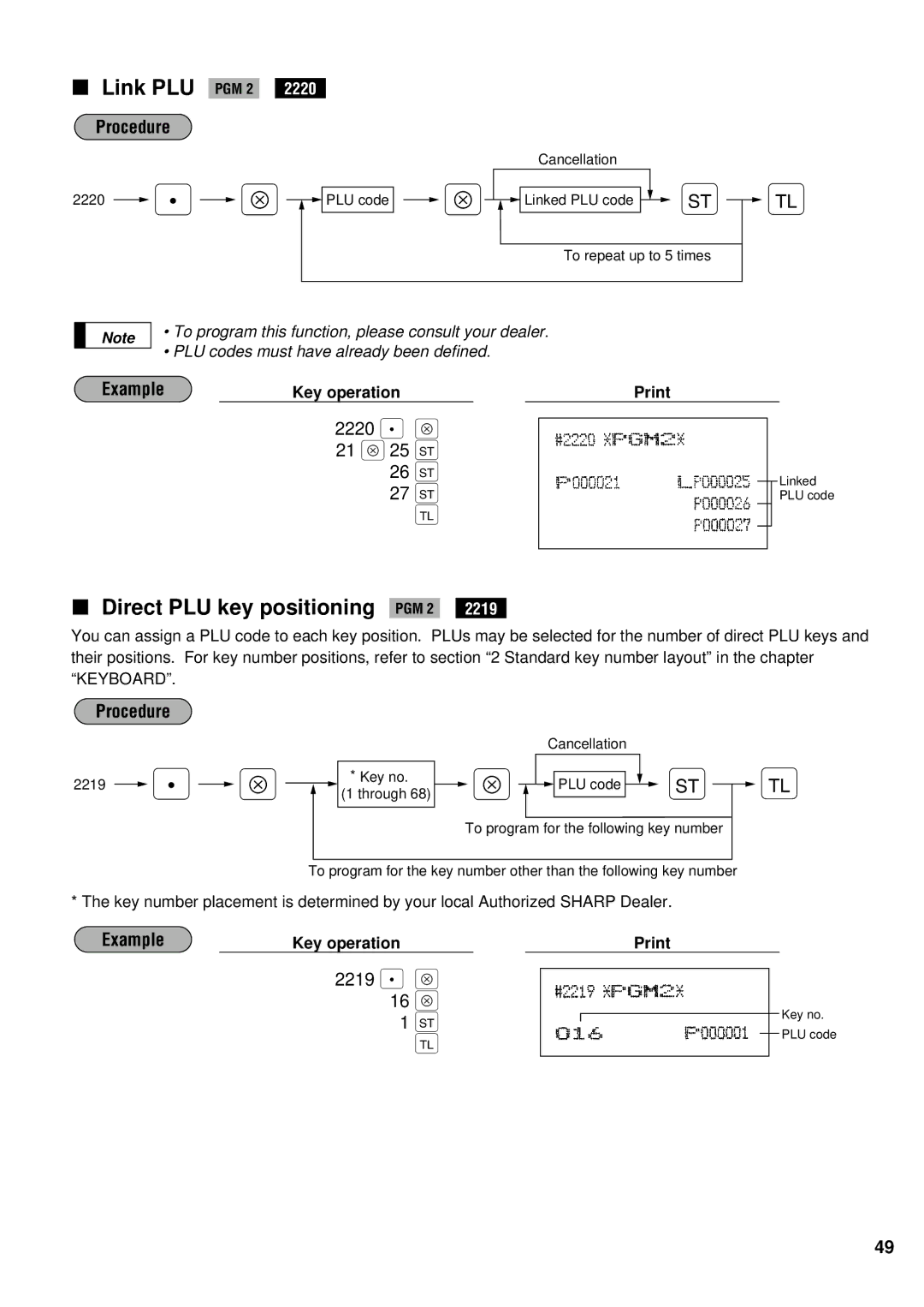 Sharp ER-A440S instruction manual Link PLU PGM 2, Direct PLU key positioning PGM 2 