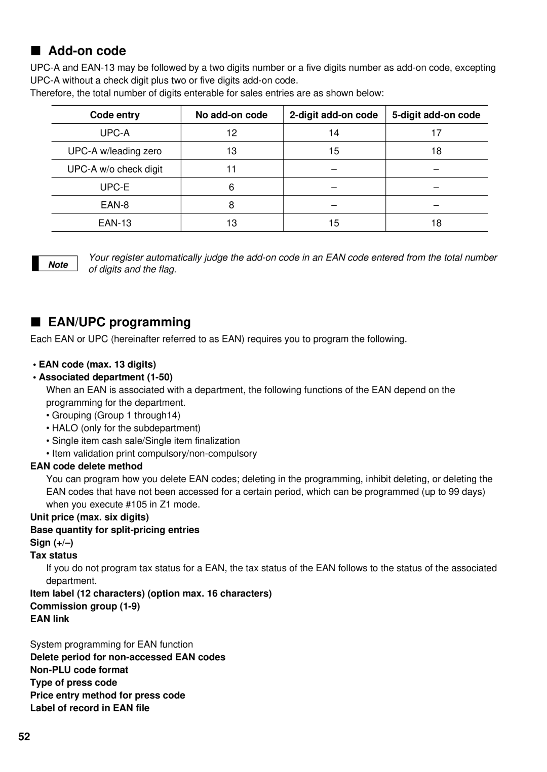 Sharp ER-A440S Add-on code, EAN/UPC programming, Code entry No add-on code Digit add-on code, EAN code delete method 