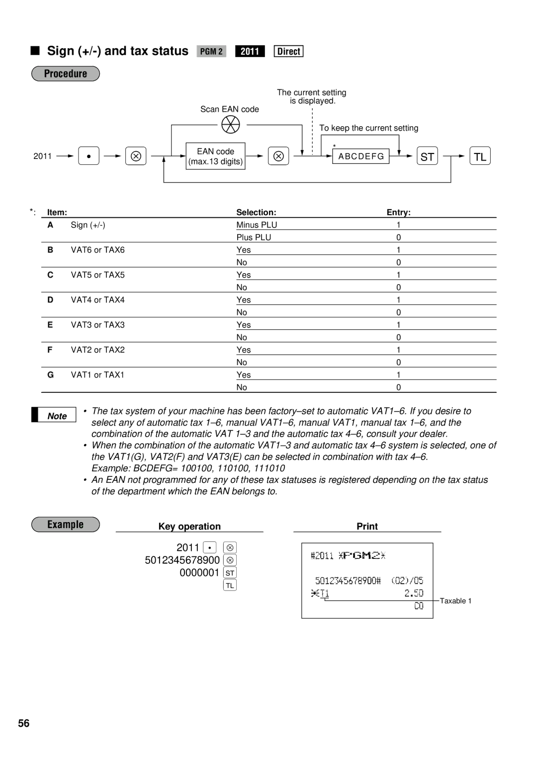 Sharp ER-A440S instruction manual Sign +/- and tax status PGM 2, Direct 