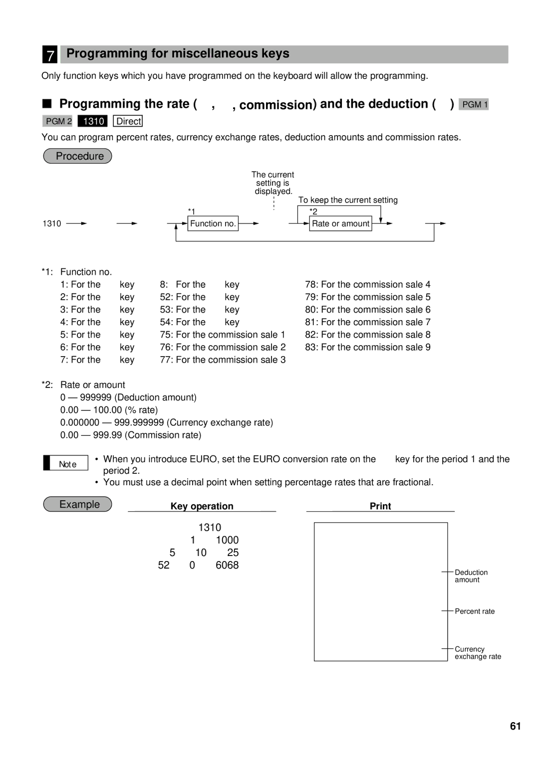 Sharp ER-A440S Programming for miscellaneous keys, Programming the rate %, e, commission and the deduction PGM 