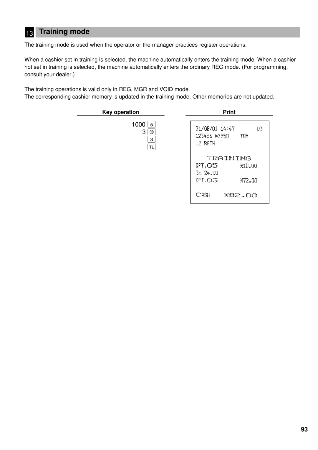 Sharp ER-A440S instruction manual Training mode, Key operation Print 