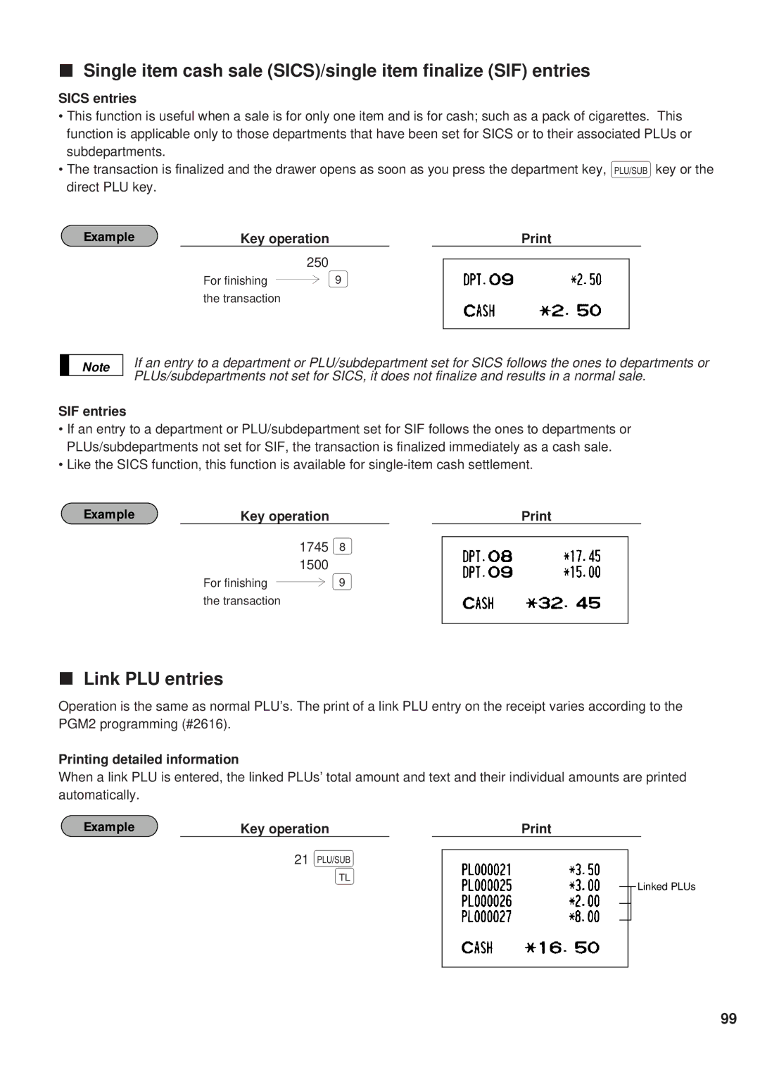 Sharp ER-A450 Single item cash sale SICS/single item finalize SIF entries, Link PLU entries, Sics entries 