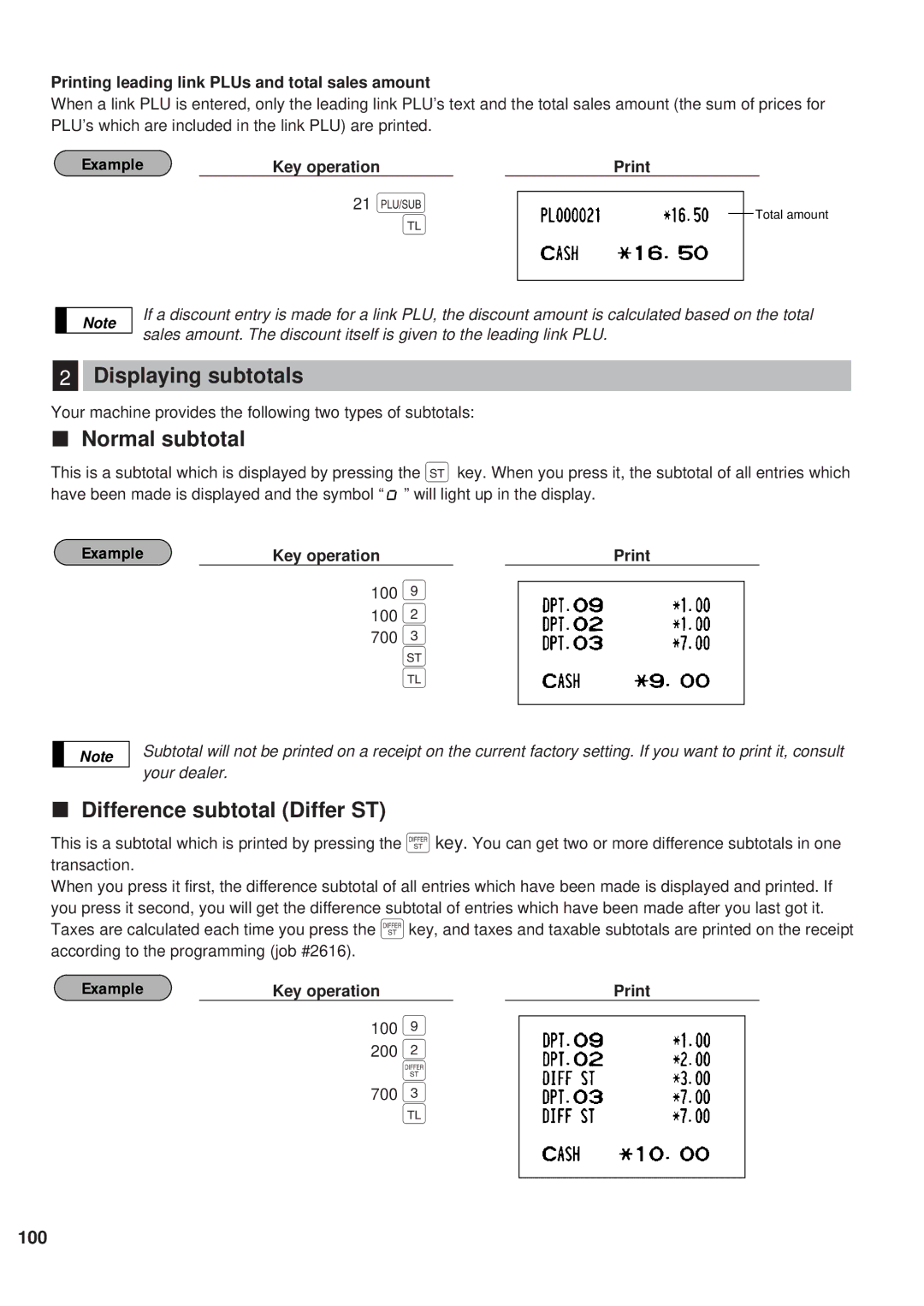 Sharp ER-A450 instruction manual 100 700, 100 200 700, Displaying subtotals, Normal subtotal, Difference subtotal Differ ST 