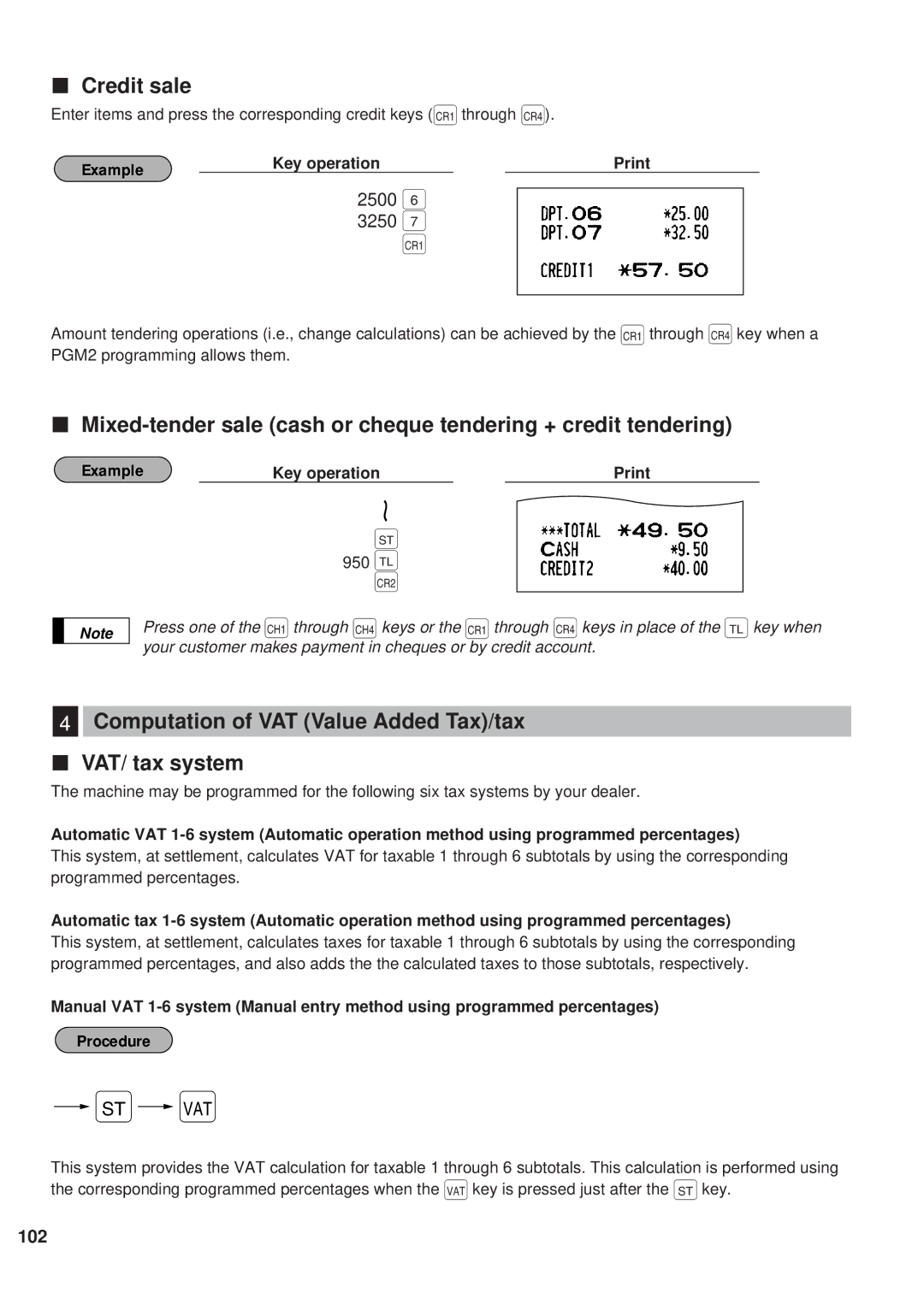 Sharp ER-A450 instruction manual 950, Credit sale, Computation of VAT Value Added Tax/tax VAT/ tax system, 2500 3250 