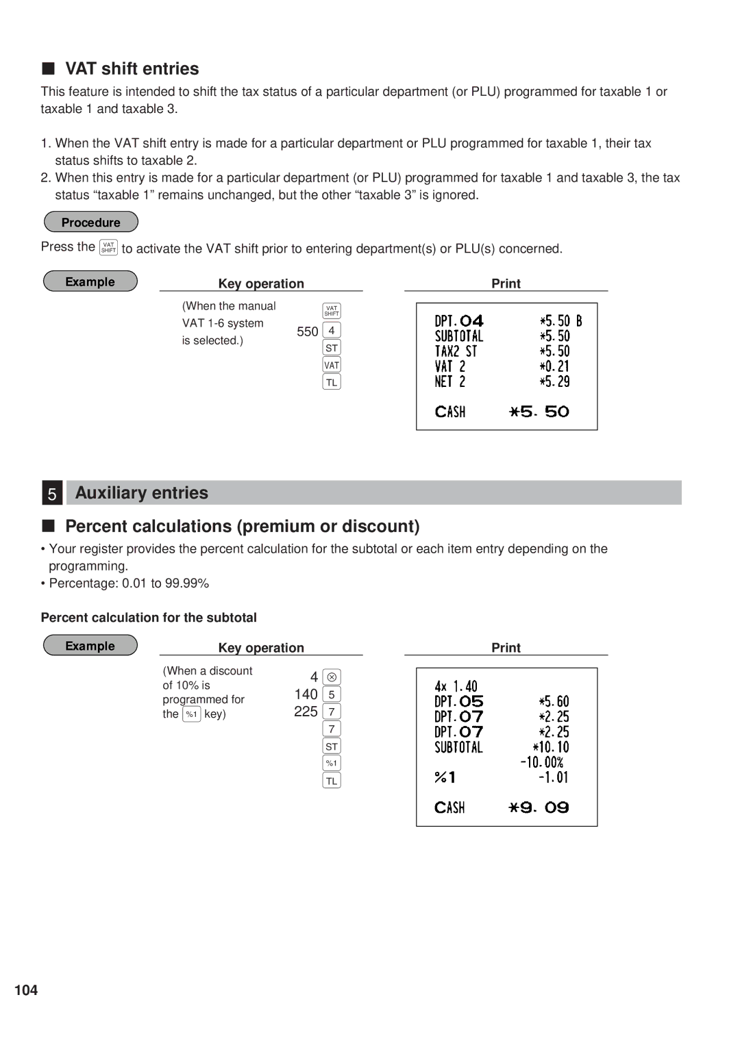 Sharp ER-A450 instruction manual VAT shift entries, Auxiliary entries Percent calculations premium or discount, 140, 225 