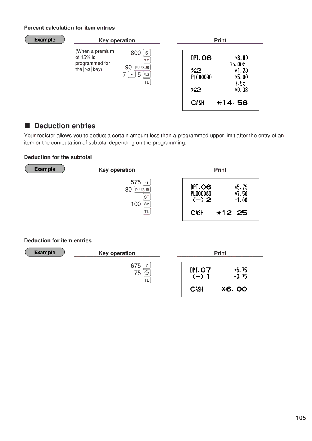 Sharp ER-A450 instruction manual 575, 100 Ð, 675, Deduction entries 