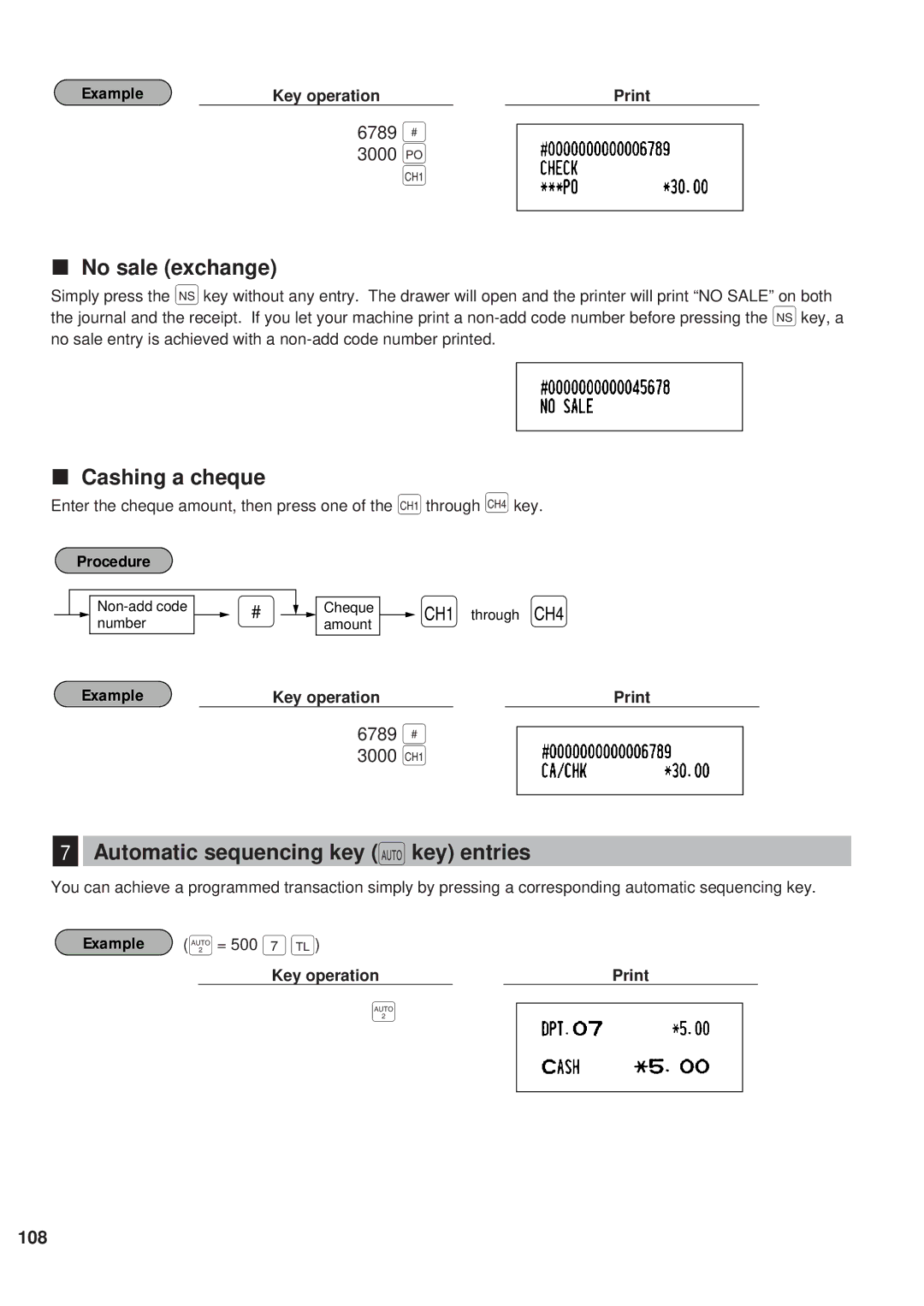 Sharp ER-A450 instruction manual No sale exchange, Cashing a cheque, Automatic sequencing key ` key entries, 6789 = 3000 p 