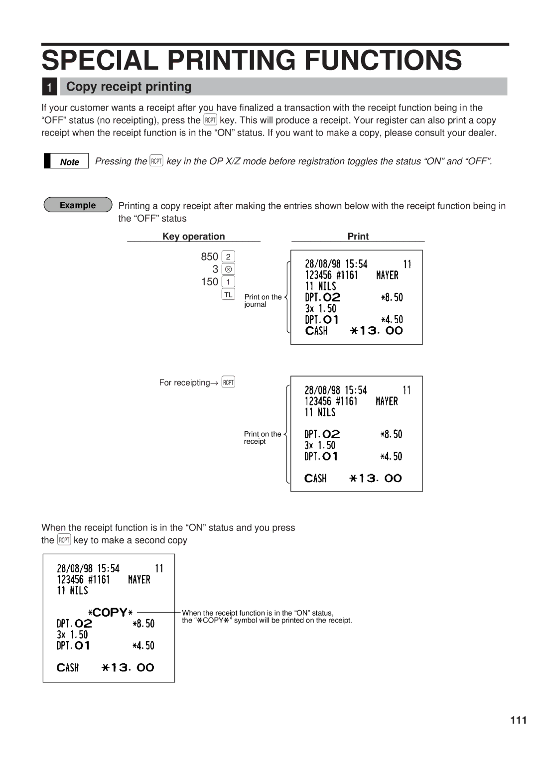 Sharp ER-A450 instruction manual Special Printing Functions, 850 150, Copy receipt printing 