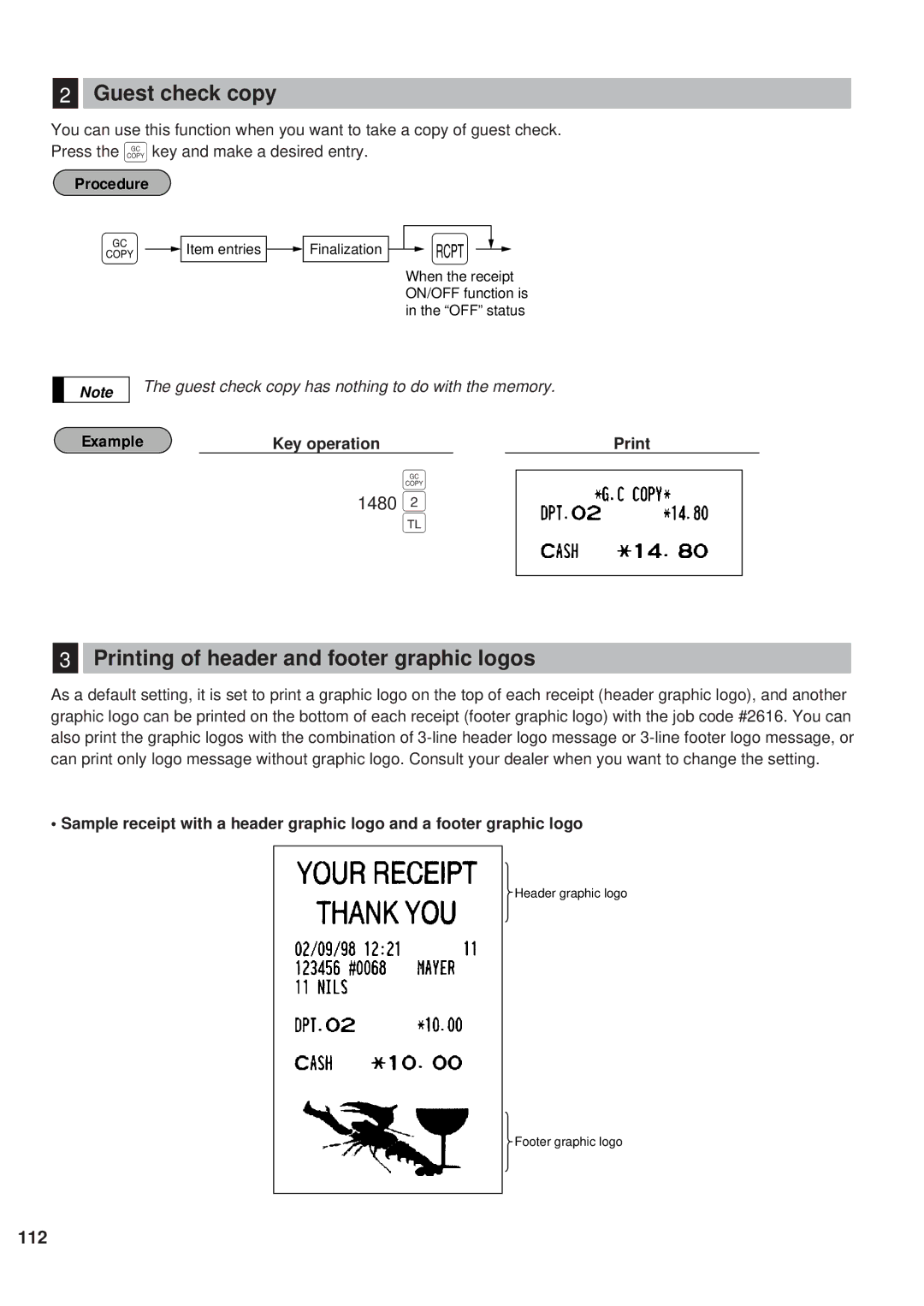 Sharp ER-A450 instruction manual Guest check copy, Printing of header and footer graphic logos, 1480 