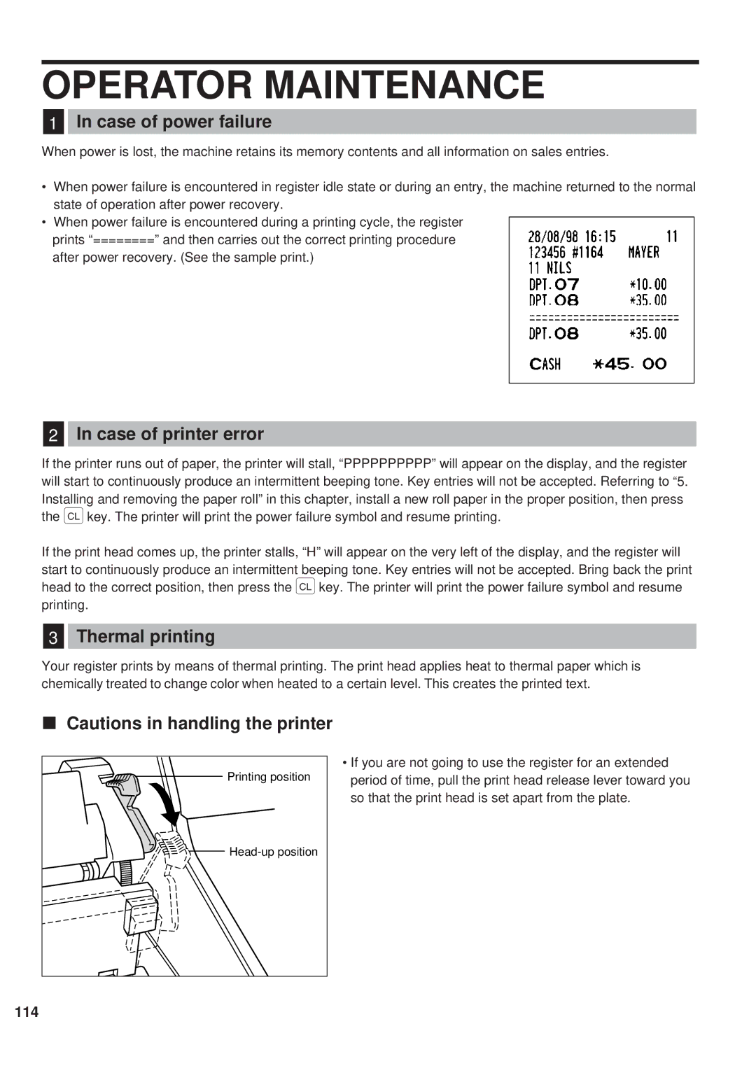 Sharp ER-A450 instruction manual Operator Maintenance, Case of power failure, Case of printer error, Thermal printing 