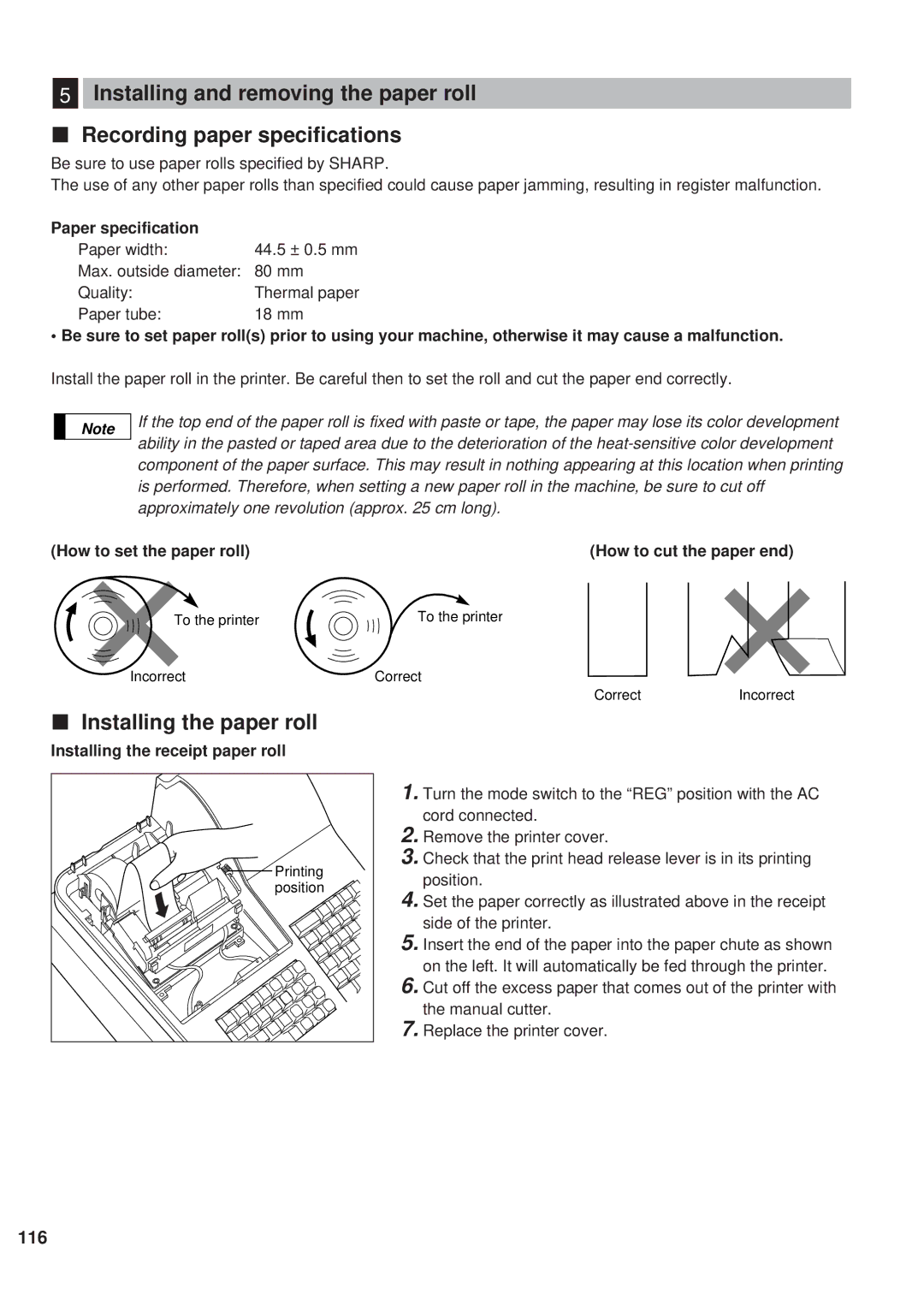 Sharp ER-A450 Installing the paper roll, Paper specification, How to set the paper roll How to cut the paper end 