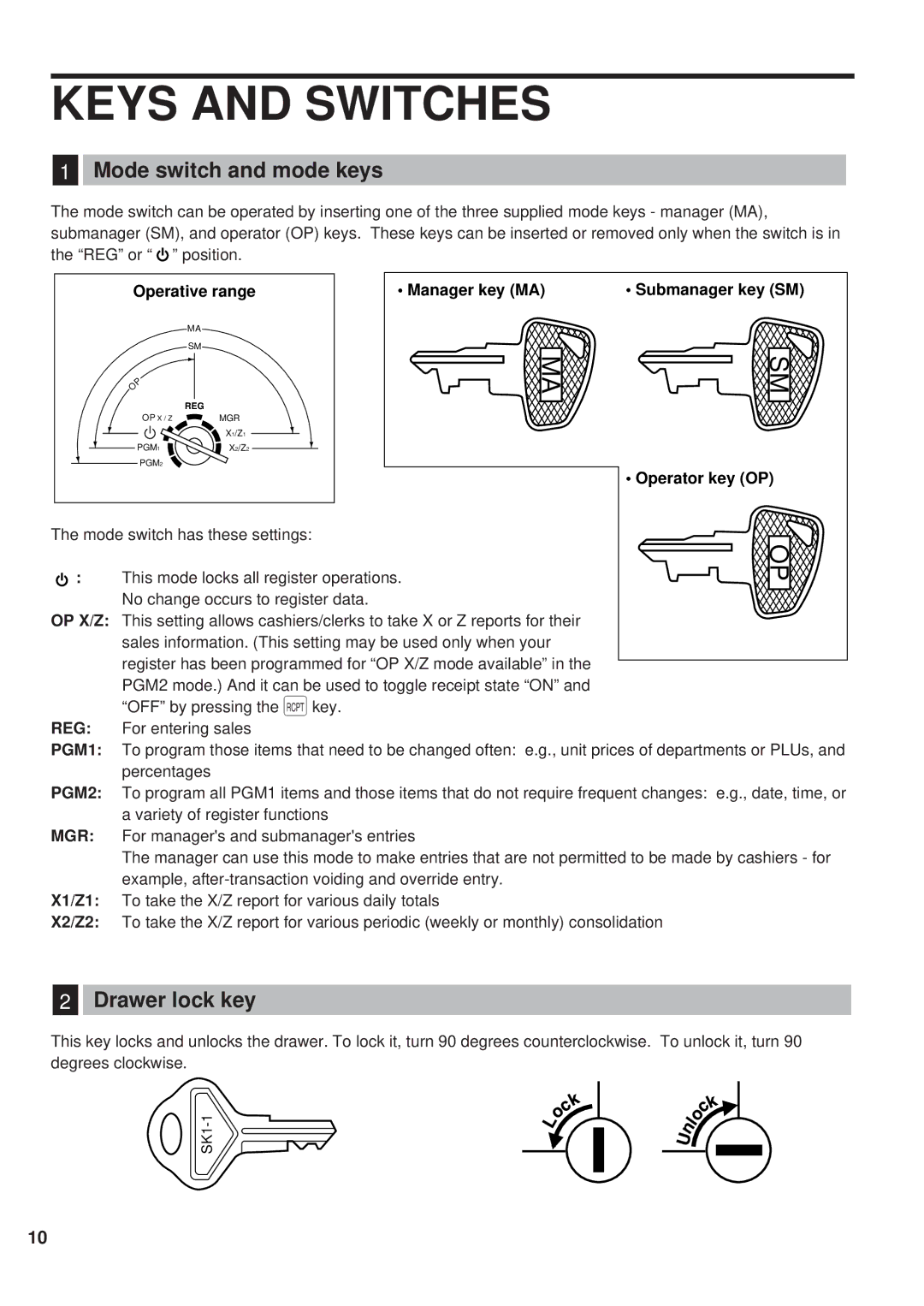 Sharp ER-A450 instruction manual Keys and Switches, Mode switch and mode keys, Drawer lock key, Operator key OP 