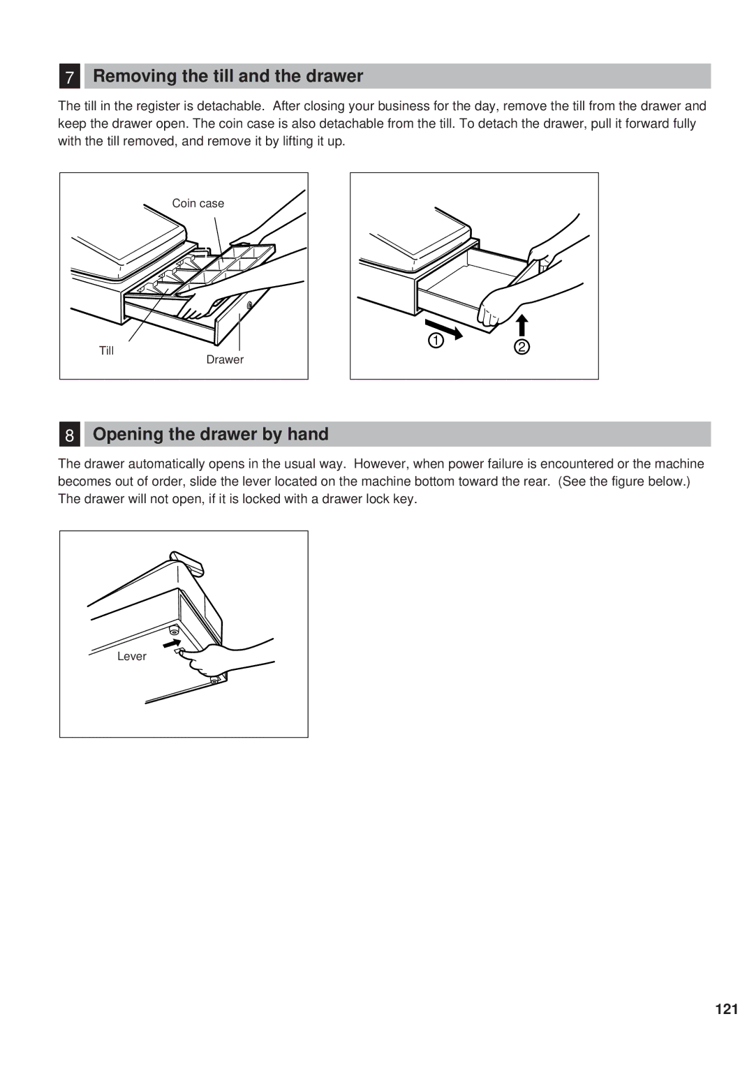 Sharp ER-A450 instruction manual Removing the till and the drawer, Opening the drawer by hand 