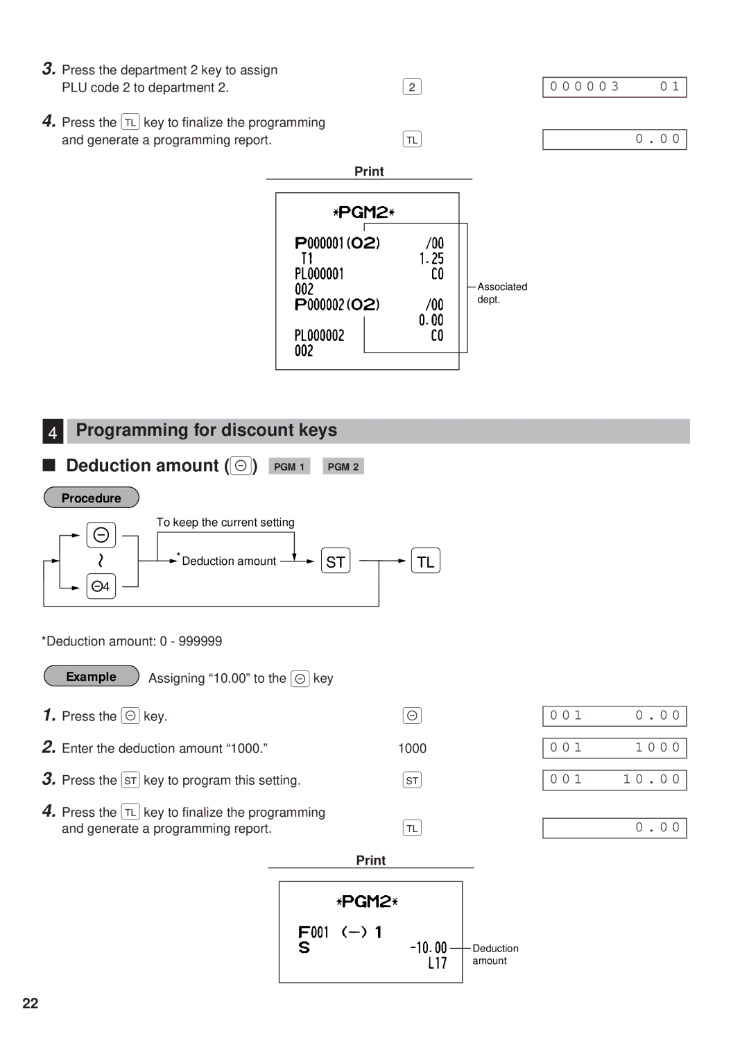 Sharp ER-A450 instruction manual Programming for discount keys Deduction amount PGM 1 PGM 