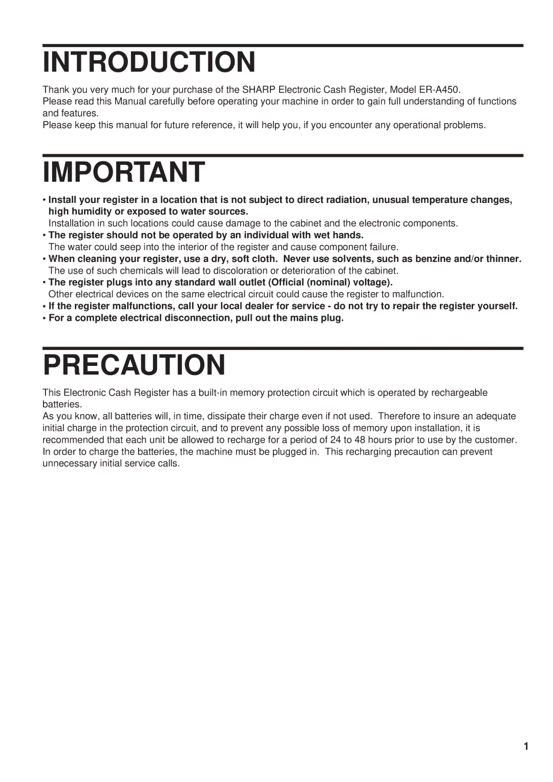 Sharp ER-A450 instruction manual Introduction, Precaution 