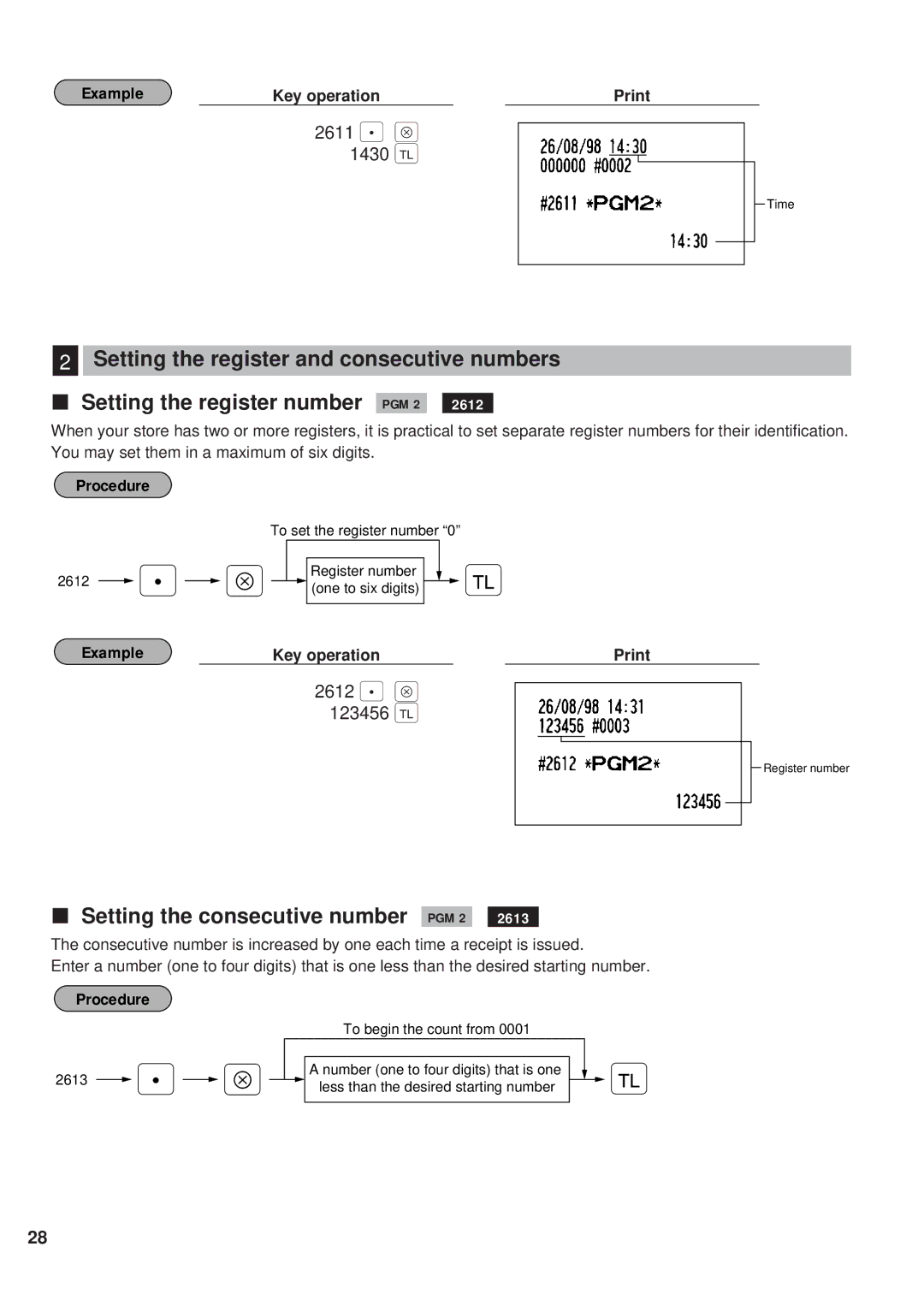 Sharp ER-A450 instruction manual Setting the consecutive number PGM 2, 2611 . Å 1430, 2612 . Å 123456 