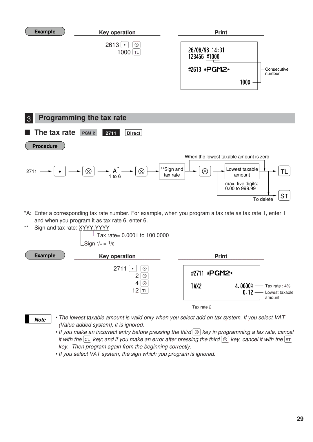 Sharp ER-A450 instruction manual Programming the tax rate, Tax rate PGM 2, 2613 . Å 1000, 2711 . Å 