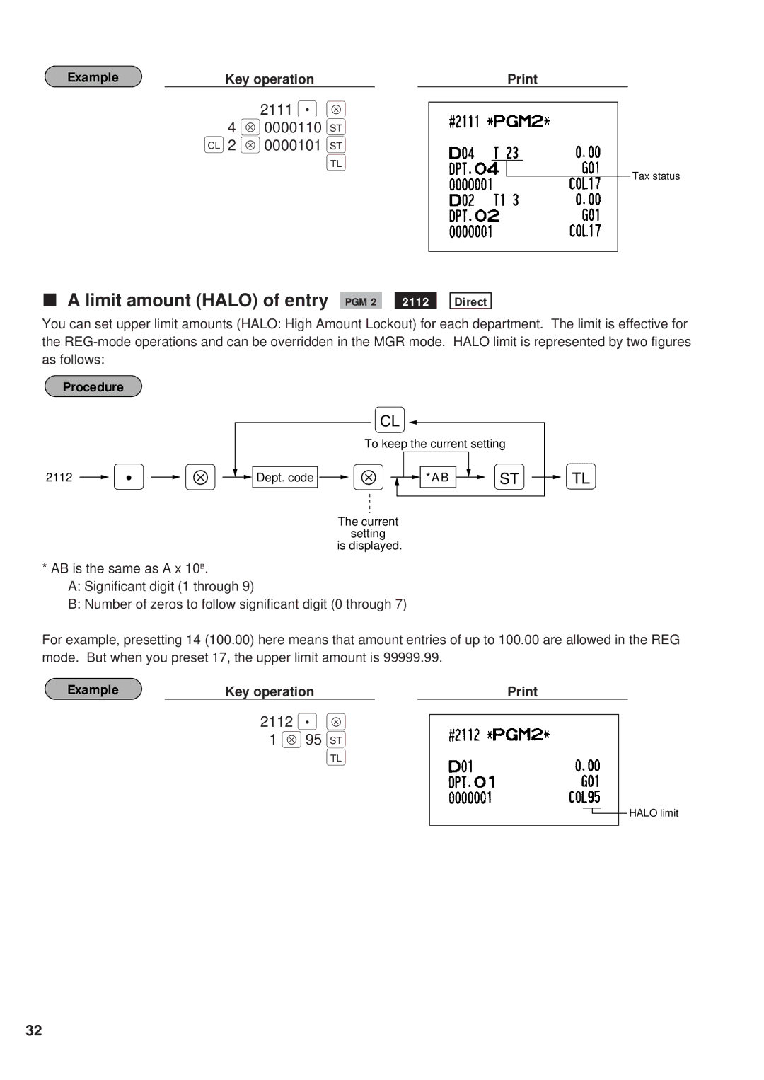 Sharp ER-A450 instruction manual Limit amount Halo of entry PGM 2 2112 Direct, 2111 . Å 0000110 c 2 Å, 2112 . Å 