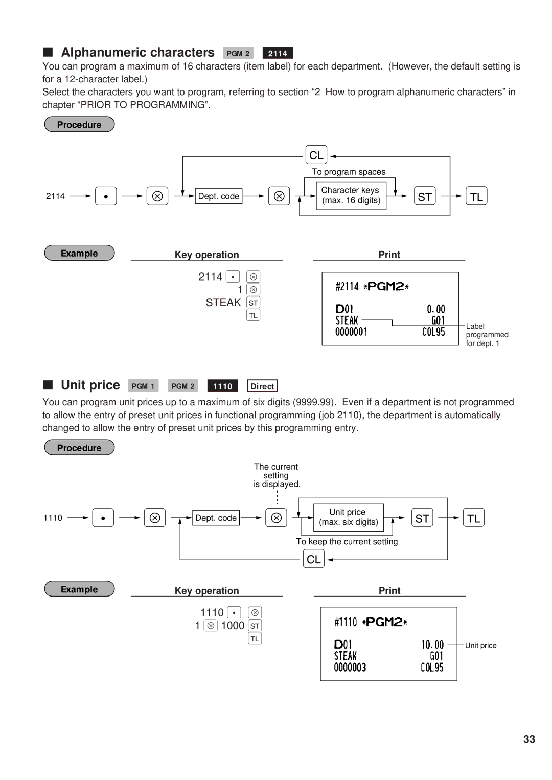 Sharp ER-A450 instruction manual Alphanumeric characters PGM 2, 2114 . Å, 1110 . Å 