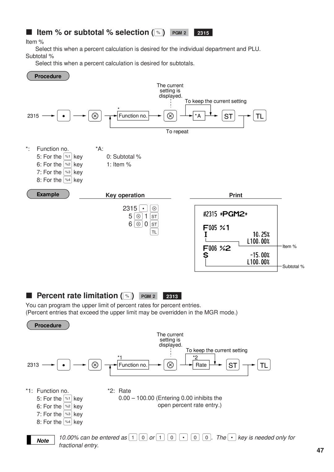 Sharp ER-A450 instruction manual Item % or subtotal % selection % PGM 2, Percent rate limitation % PGM 2, 2315 . Å 