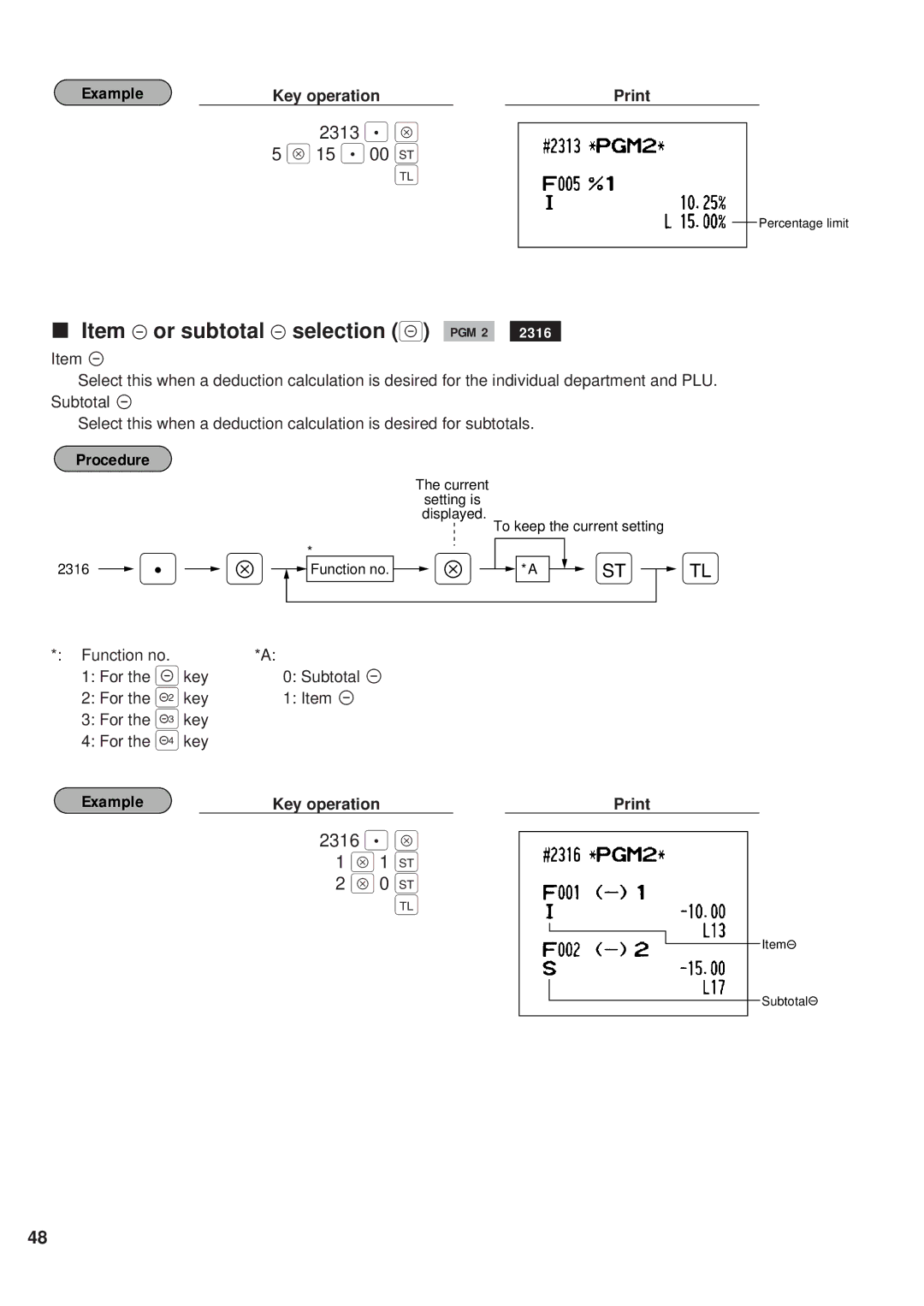 Sharp ER-A450 instruction manual Item ‰ or subtotal ‰ selection PGM 2, 2313 . Å, 2316 . Å 