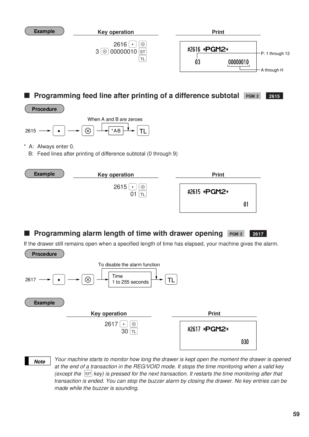 Sharp ER-A450 instruction manual Programming alarm length of time with drawer opening PGM 2, 2616 . Å, 2615 . Å, 2617 . Å 