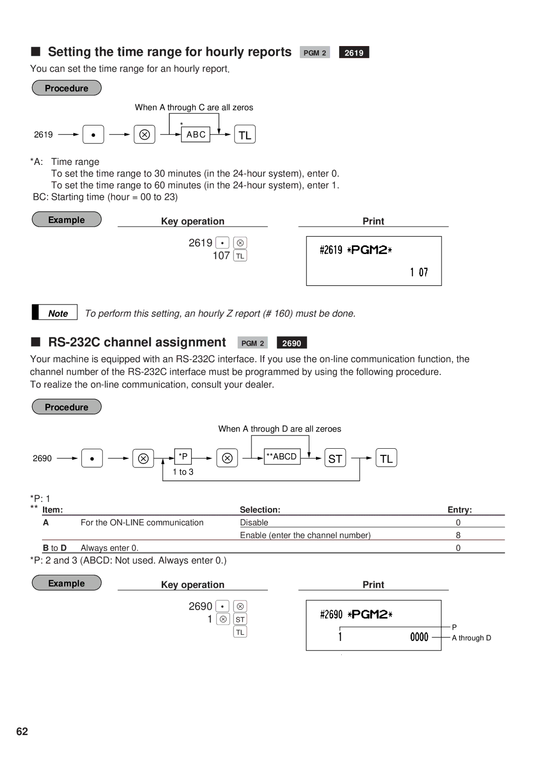 Sharp ER-A450 Setting the time range for hourly reports PGM 2, RS-232C channel assignment PGM 2, 2619 . Å 107, 2690 . Å 