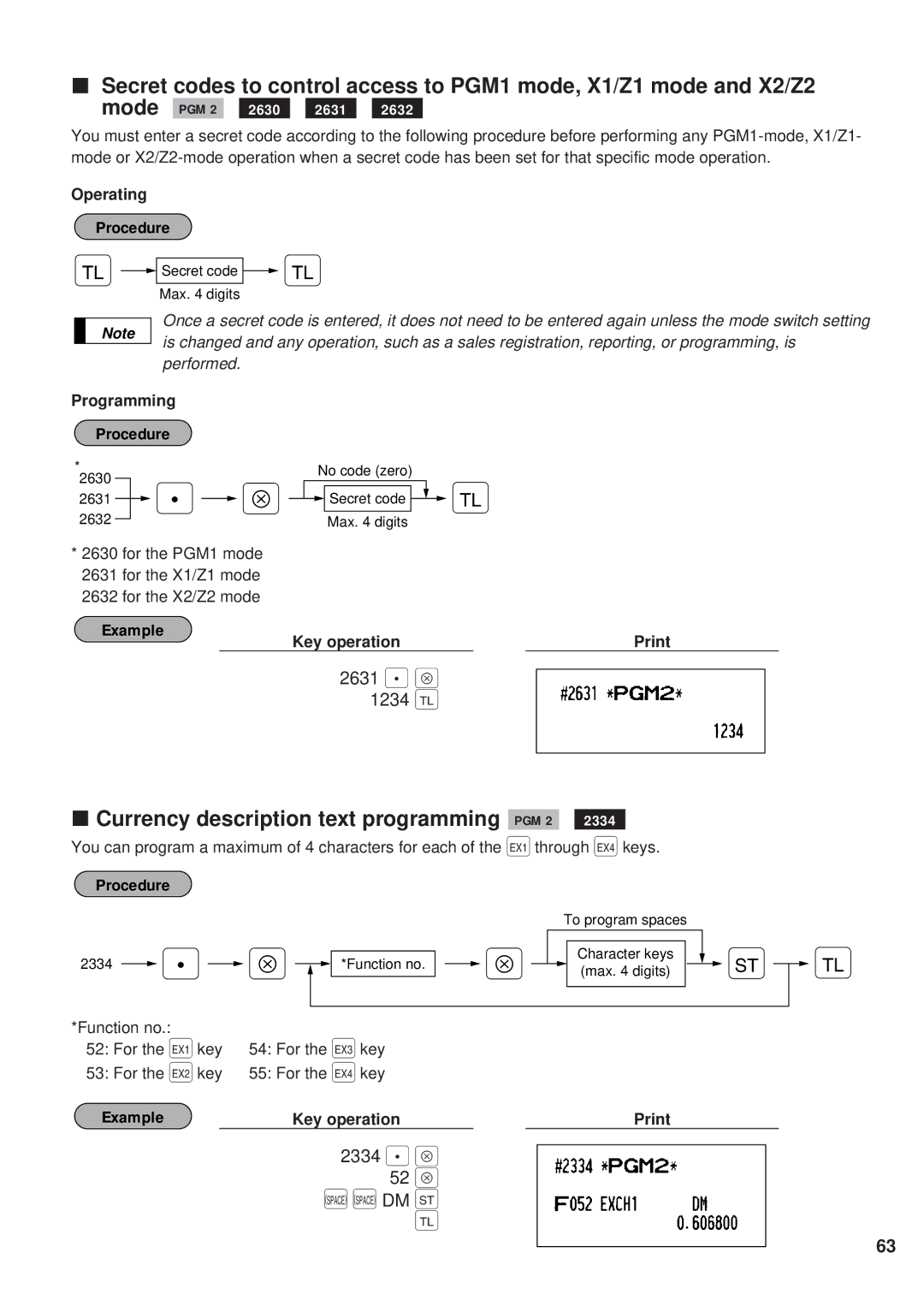 Sharp ER-A450 instruction manual 52 Å, Currency description text programming PGM 2, 2631 . Å 1234, 2334 . Å 