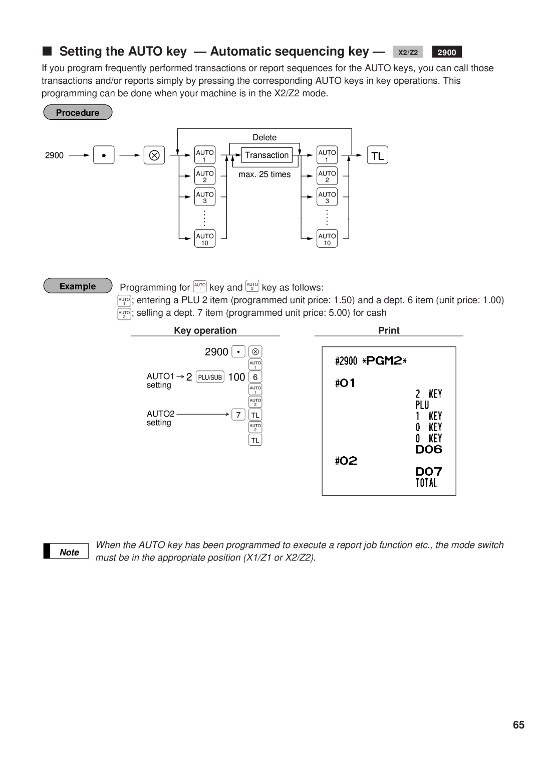 Sharp ER-A450 instruction manual Setting the Auto key Automatic sequencing key X2/Z2, 2900 . Å AUTO1 2 § 100 