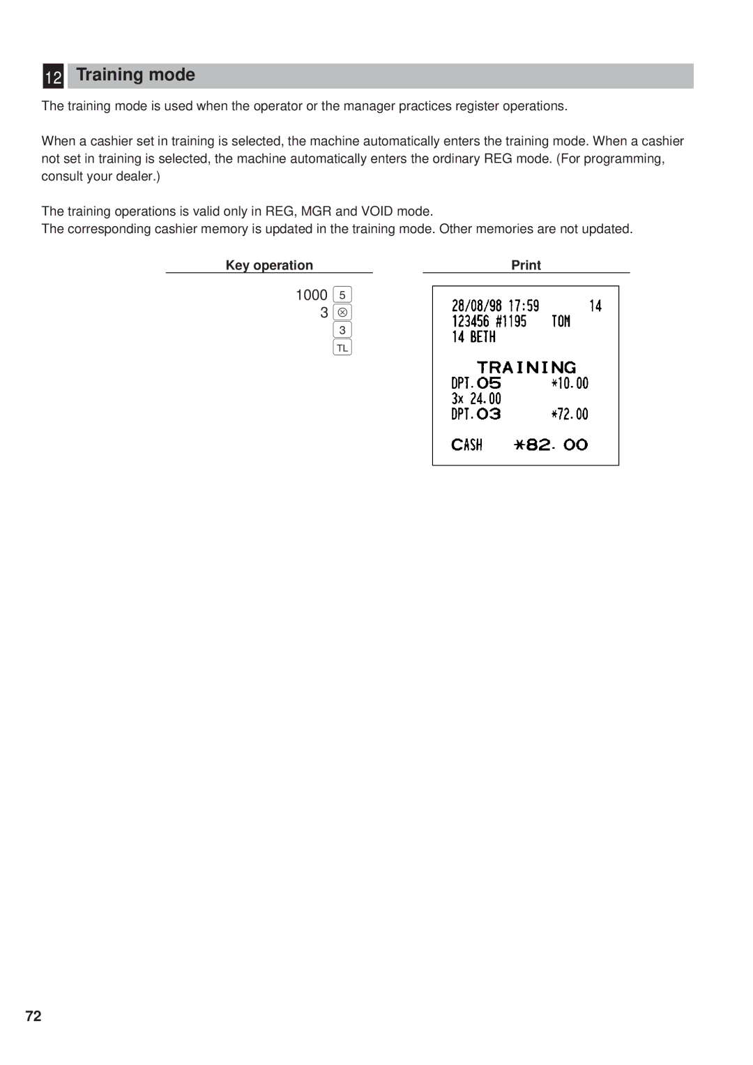 Sharp ER-A450 instruction manual Training mode, Key operation Print 